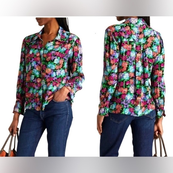 Ellie Tahari Metallic Floral Button Down Long Sleeve Semi Sheer Blouse Top NWT - Picture 6 of 11